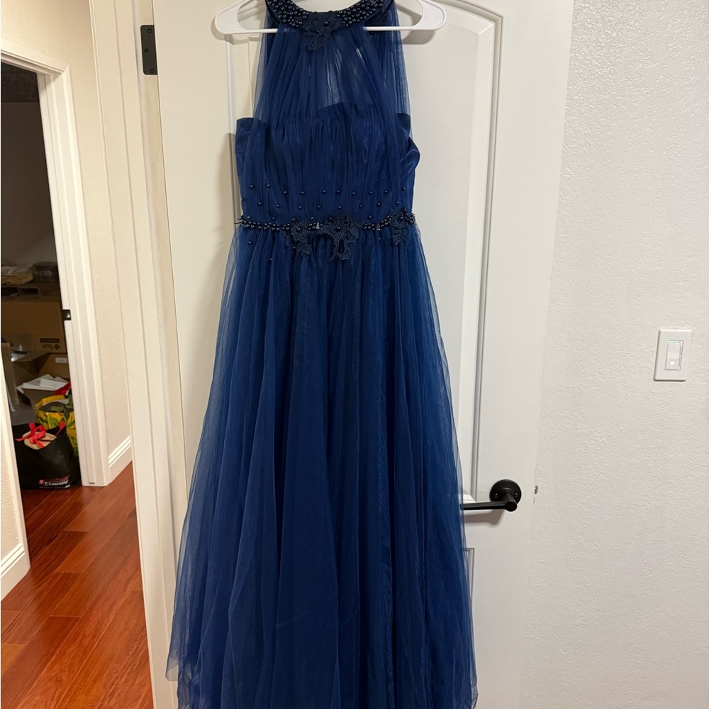 Navy Blue Halter Tulle Corset Back Prom Dress - worn once